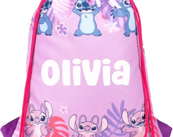 Personalised Stitch Drawstring Bag Girls - Pink School PE Bag - Kids Named Swim Bag