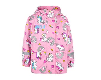 Fringoo Personalised Raincoat for Girls - Unicorn Raincoat - Kids Waterproofs - Colour Changing Coat - Pink Age 1-7