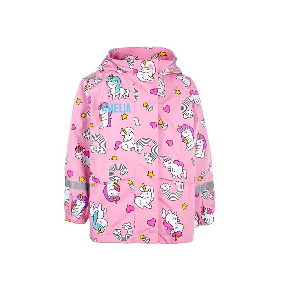 Fringoo Personalisierter Regenmantel für Mädchen - Einhorn Regenmantel - Kinder Wasserdichte - Farbwechsel Mantel - Rosa Alter 1-7