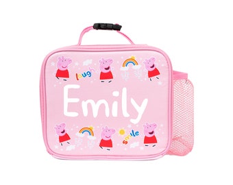 Peppa Pig - Kids Lunch Bag - Personalised Peppa Design Insulated Lunch Box - Large Container + Bottle Holder - Carry Handle