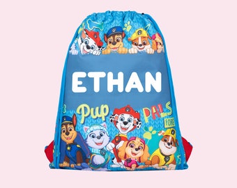 Paw Patrol - Kids Drawstring Bag - Personalised Lightweight Nursery Backpack - Add Your Name - Blue PE Bag - 43x35cm - Waterproof Bag