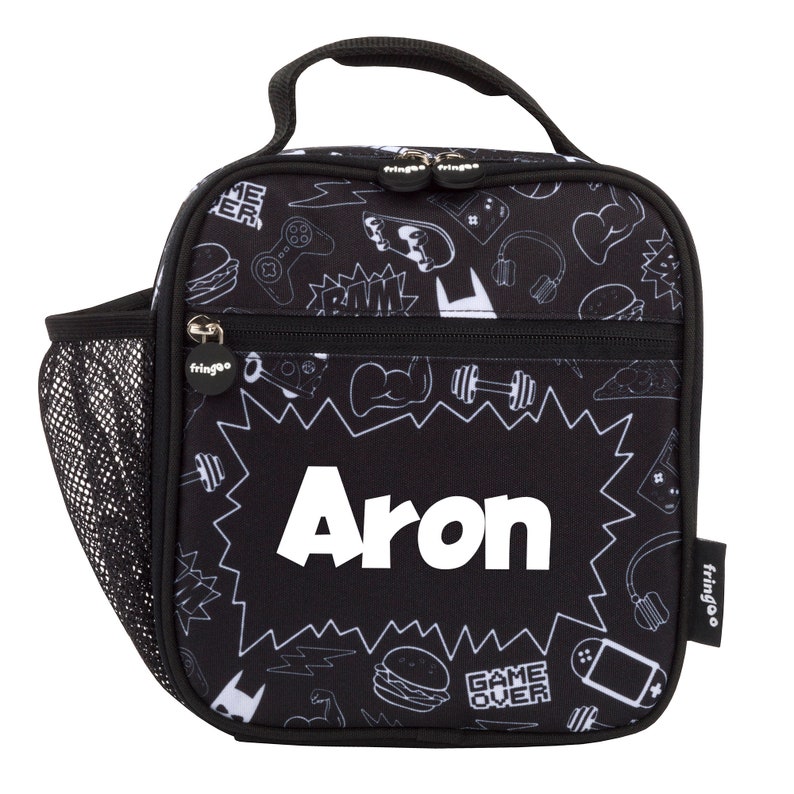 May include: Black lunch bag with a white and gray print of various gaming and sports related icons. The bag has a zippered front pocket and a mesh side pocket. The name "Aron" is printed in white on the front of the bag.