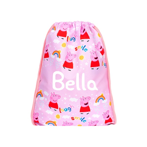 Peppa Pig - Kids Drawstring Bag - Personalised Lightweight Backpack - Add Your Name - Pink PE Bag - 43x35cm - Waterproof Bag