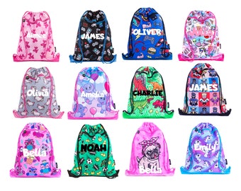 FRINGOO® Personalised Kids Drawstring Bags with Front Zipped Pocket PE Kit Bag School Backpack for Girls and Boys