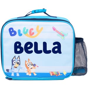 Bluey - Sac à lunch personnalisé pour enfants - Sac à collation isolé pour garçons et filles pour la maternelle et l'école - Personnalisation du prénom (Bleu)