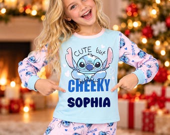Personalised Girls Stitch Pyjamas – 100% Cotton Kids Nightwear (Ages 5-12)