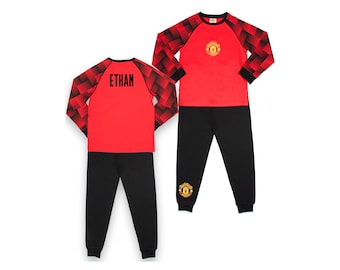 Manchester United F.C - Personalised Kids Pyjamas - Red Long Sleeve Pyjamas - 100% Cotton - Official Manchester United F.C Merchandise