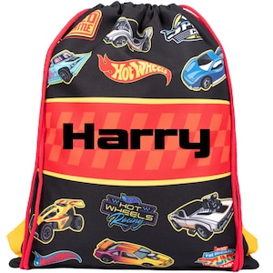 Sac à cordon personnalisé Hot Wheels pour enfants - Sac d'école ou de natation pour garçons - Articles personnalisés pour garçons - Noir