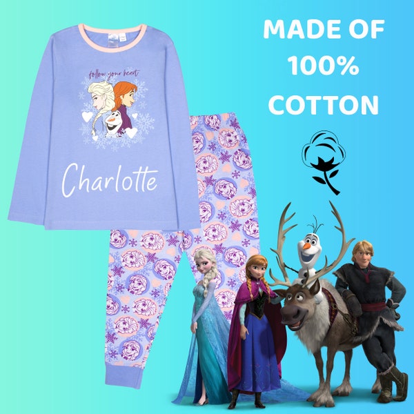Disney - Personalised Frozen Long Sleeve Pyjama Cotton, Soft, Warm Winter PJs for Girls - Anna & Elsa Design