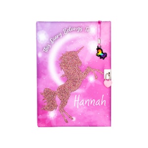 Fringoo - Unicornio brillante - Agenda personalizada - Agenda con candado - Libreta con marcapáginas a juego - Agenda de 96 páginas - Regalo de cumpleaños para niñas