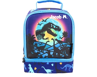 Personalised Double Decker Thermal Lunch Bag for kids - Fully Insulated Lunch Box - Dinosaur Moon