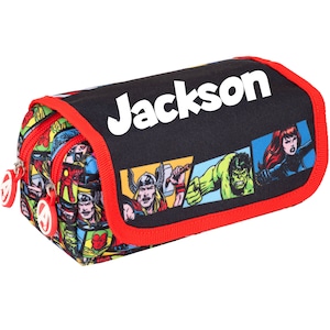 Marvel Avengers gepersonaliseerde etui, zwarte gepersonaliseerde school etui voor jongens, 2 grote vakken voor briefpapier