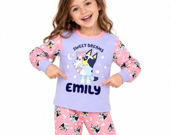 Personalised Kids Pyjamas Bluey, Custom Name Cotton Sleepwear, Kids 1-6yrs