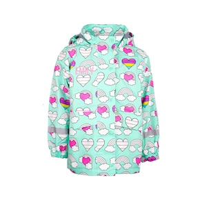 Fringoo Personalisierte Regenjacke für Mädchen - Regenbogen Regenjacke - Kinder Regenjacke - Farbwechsel Mantel - Türkis Alter 1-7