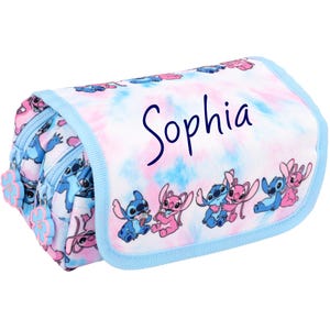Disney Stitch gepersonaliseerd etui, tie-dye schattig gepersonaliseerd schooletui voor meisjes, briefpapierzakje met 2 grote vakken