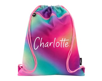 Personalised Kids Drawstring Bag with Zipped Pocket PE Bag Swimming Rainbow Gym School Bag for Boys Girls