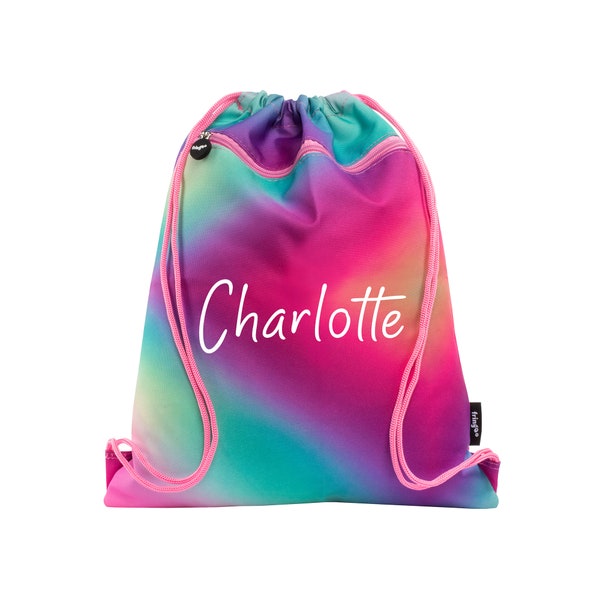 Personalised Kids Drawstring Bag with Zipped Pocket PE Bag Swimming Rainbow Gym School Bag for Boys Girls