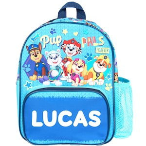 Sac à dos personnalisé pour enfants La Pat'Patrouille, sac pour tout-petits, poche en filet pour bouteille d'eau et poches frontales zippées, personnalisé avec n'importe quel nom