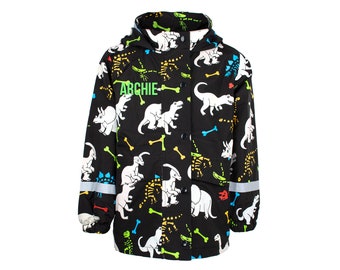 Fringoo Personalised Raincoat for Boys - Dinosaur Raincoat - Kids Waterproofs - Colour Changing Coat - Black Age 1-6