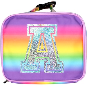 Personalised Kids Lunch Bag Rainbow GlitterThermal Insulated  Cooler Bag with Clip on Handle Nursery School Travel Lunchie