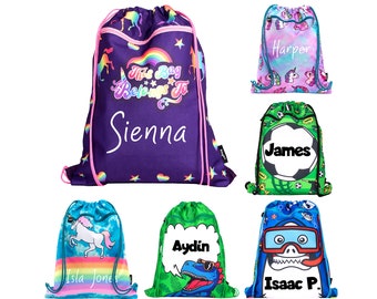 Personalised Kids Drawstring Bag with Zipped Pocket PE Bag Swimming Rainbow Gym School Bag for Boys Girls