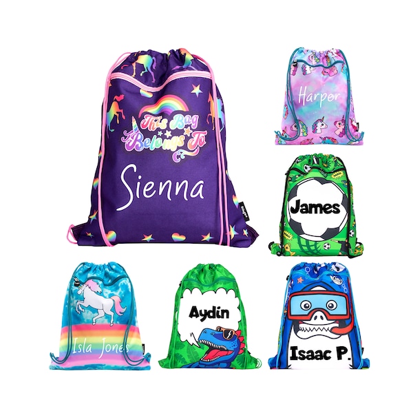 Personalised Kids Drawstring Bag with Zipped Pocket PE Bag Swimming Rainbow Gym School Bag for Boys Girls