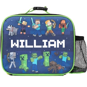 Minecraft - Sac à lunch personnalisé pour enfants - Sac à collation isolé pour enfants pour garçons et filles - Personnalisation du nom - Bleu foncé