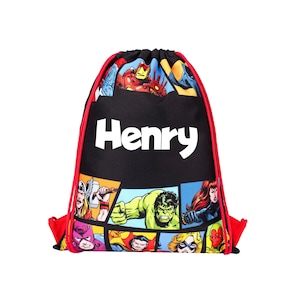 Sac à cordon Marvel Avengers - KIT PE pour garçons et filles - Cartable pour enfants - Cadeau personnalisé pour enfants - Sac de natation pour enfants Noir