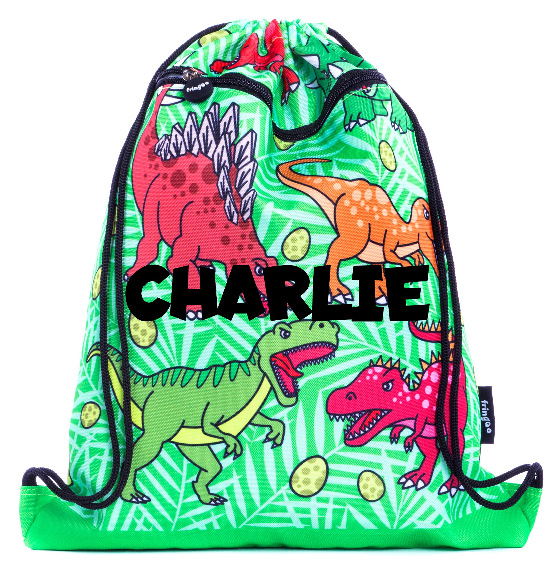Fringoo Personalisierbare Kinder-Tasche Mit Kordelzug – Dinosaurier-Motiv, Mit Reißverschlusstasche, Für Sport & Schule
