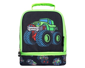 Personalised Double Decker Thermal Lunch Bag for kids - Fully Insulated Lunch Box - Monster Truck