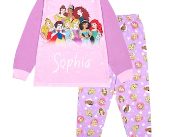 Girls Pyjama Disney Princess Personalised PJ Set, 100% Cotton Long Sleeve Nightwear, Kids Birthday Gift, 2-7 Years