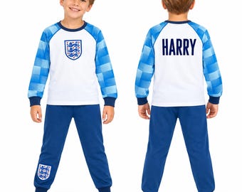 Kids Personalised Football Pyjamas: England 100% Cotton Winter PJ Set