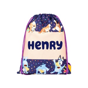 Bluey Sac personnalisé avec cordon de serrage pour enfant Sac en PE - Cartable pour enfant - Cadeau personnalisé pour garçon et fille - Sac de natation pour enfant Violet