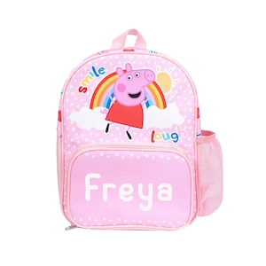 Sac à dos personnalisé Peppa Pig pour tout-petits, sac pour chambre d'enfant, poche en filet pour bouteille d'eau et poches frontales zippées, personnalisé avec n'importe quel nom