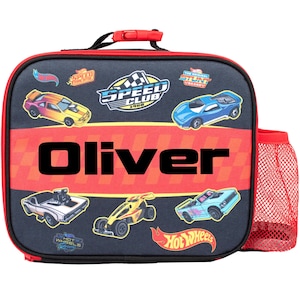 Sac à lunch personnalisé Hot Wheels pour enfants - Sac à collation isotherme pour enfants pour garçons et filles - Personnalisation du nom - Noir
