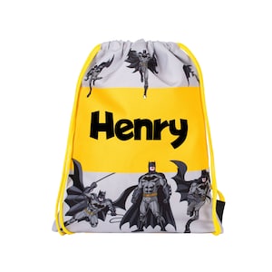 BATMAN Sac à cordon personnalisé pour enfant Sac en PE - Cartable pour enfant - Cadeau personnalisé pour garçon - Sac de natation pour enfant Noir