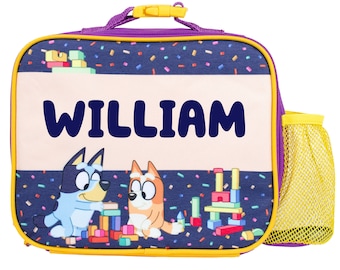 Bluey Bolsa de Almuerzo Infantil Personalizada - Bolsa de Almuerzo Escolar Aislante para Niños - Fiambrera Térmica para Guardería para Niños y Niñas - Morado