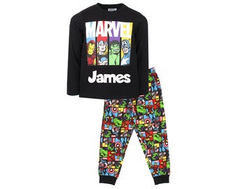 Marvel - Pyjamas personnalisés pour enfants - Pyjamas noirs à manches longues avec super-héros - Vêtements de nuit 100% coton - Marchandise officielle Marvel