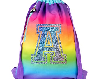 Personalised Kids Drawstring Bag with Zipped Pocket PE Bag Swimming Rainbow Gym School Bag for Boys Girls