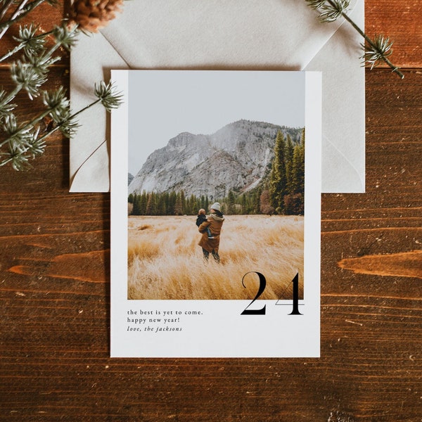 The Best is Yet to Come Modern New Year Card with Photo Template | Boho Printable Holiday Card | Printable Editable 2024 New Year Card