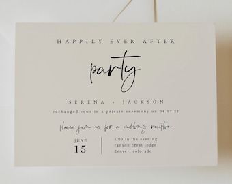 Minimalistische boho Happily Ever After-feestuitnodiging — afdrukbare uitnodiging voor schakingsreceptie — moderne uitnodiging voor bruiloftsreceptie