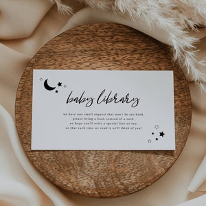 Szablon karty bibliotecznej dla dziecka — Przynieś książkę zamiast karty — Karta książek dla dziecka — Baby Shower Over the Moon — Baby Shower Moon Stars
