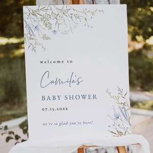 Blue Floral Baby Shower Welcome Sign Template, Wildflower Baby Shower, Blue Baby Shower Decor, Minimal Baby Shower, Blue Floral Welcome Sign