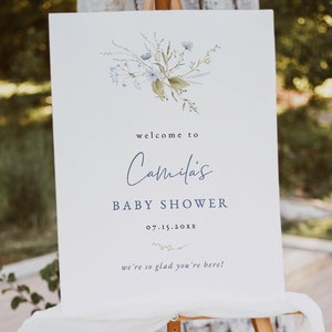 Minimal Blue Floral Baby Shower Welcome Sign Template, Wildflower Baby Shower, Blue Baby Shower Decor, Minimalist Welcome Sign Baby Shower