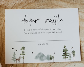 Diaper Raffle Tickets Template | The Adventure Begins Baby Shower | Forest Mountains Baby Shower | Editable Woodland Diaper Raffle Card