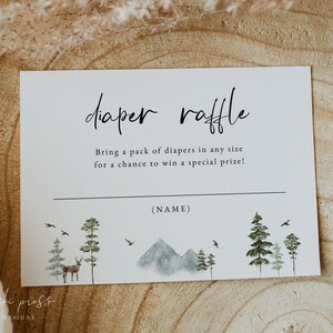 Diaper Raffle Tickets Template | The Adventure Begins Baby Shower | Forest Mountains Baby Shower | Editable Woodland Diaper Raffle Card