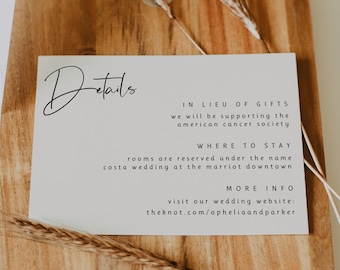 Minimalist Boho Wedding Details Card Template — Editable Wedding Enclosure Card Insert — Printable Wedding Reception Details Card