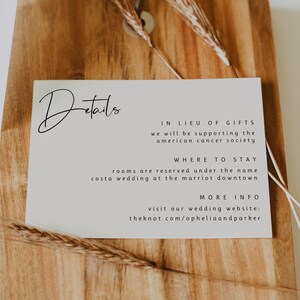 Plantilla de tarjeta con detalles de boda boho minimalista: inserto de tarjeta de boda editable: tarjeta de detalles de recepción de boda imprimible