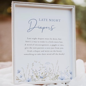 Late Night Diapers Sign Template, Blue Floral Baby Shower Decor, Wildflower Baby Shower, Baby Shower Games, Late Night Diaper Game Boy