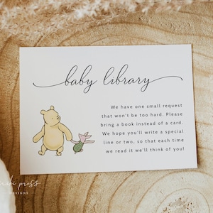 Modelo de livros do Ursinho Pooh para bebês, cartão de biblioteca para bebês, traga um livro em vez de um cartão, inserções para chá de bebê, chá de bebê do Ursinho Pooh
